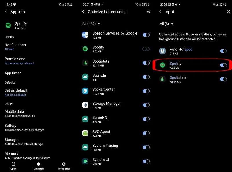 Desative a otimização da bateria para o aplicativo Spotify no Android
