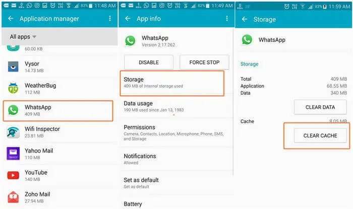 Limpe o cache e os dados do WhatsApp