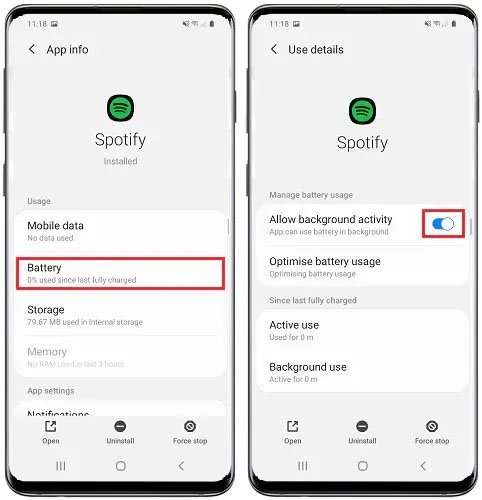 Permitir atividade em segundo plano para o aplicativo Spotify no Android