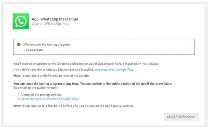 Sair do Programa Beta do WhatsApp