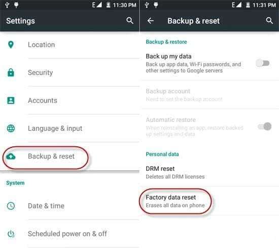 Telefone Android com redefinição de fábrica