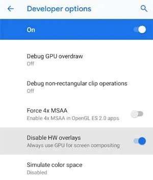 Desativar sobreposições de hardware nas configurações do desenvolvedor