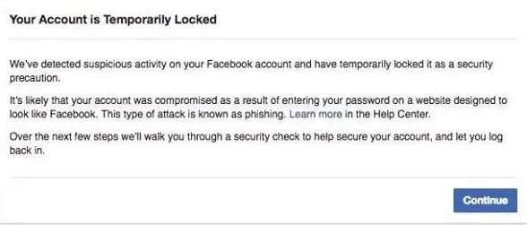 Detectamos atividade suspeita em sua conta do Facebook e a bloqueamos temporariamente como um erro de precaução de segurança