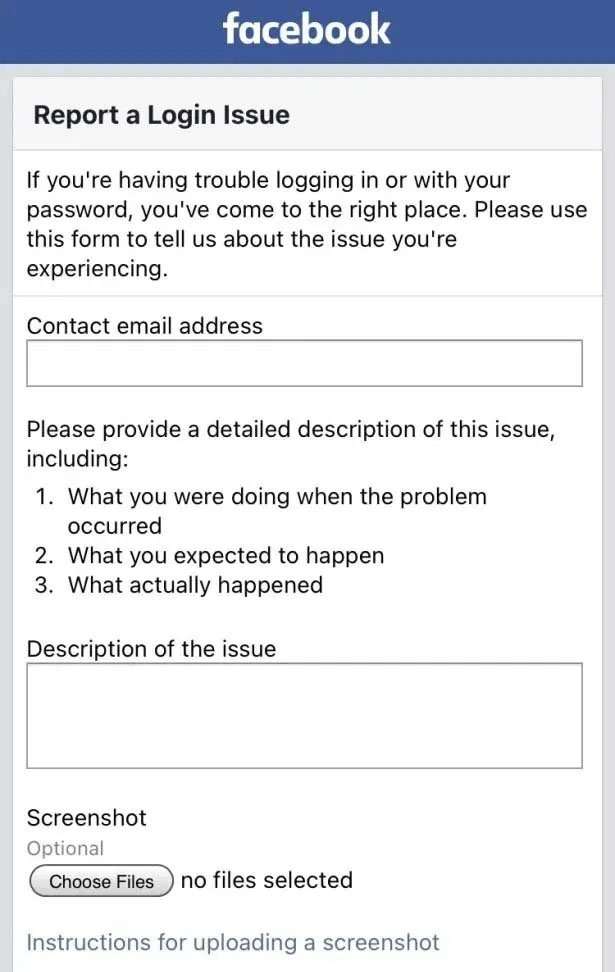 Relatar um problema de login no Facebook